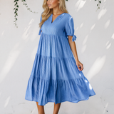 Faye Gingham Textured Bow Tie Short Sleeve Tiered Midi Dress