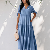 Faye Gingham Textured Bow Tie Short Sleeve Tiered Midi Dress - Blue