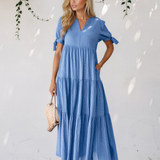 Faye Gingham Textured Bow Tie Short Sleeve Tiered Midi Dress