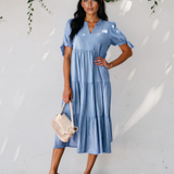 Faye Gingham Textured Bow Tie Short Sleeve Tiered Midi Dress - Blue