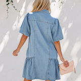 Rowen Puff Sleeve Ruffle Hem Patchwork Denim Dress