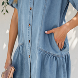 Rowen Puff Sleeve Ruffle Hem Patchwork Denim Dress