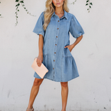 Rowen Puff Sleeve Ruffle Hem Patchwork Denim Dress