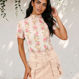 Millie Floral Print Mock Neck Short Sleeve Mesh Top