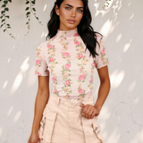 Millie Floral Print Mock Neck Short Sleeve Mesh Top