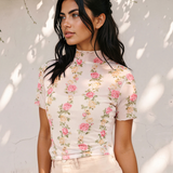Millie Floral Print Mock Neck Short Sleeve Mesh Top