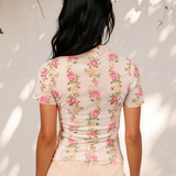 Millie Floral Print Mock Neck Short Sleeve Mesh Top