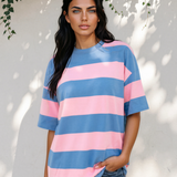 Landry Striped Color Block Oversize Tunic Tee - Pink/Blue