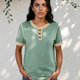 Teagan Raw Seam Color Block Detail Buttoned Henley Tee - Green