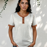 Teagan Raw Seam Color Block Detail Buttoned Henley Tee - Gray
