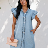 Nellie Frilled Detail Button Down Ruffle Short Sleeve Denim Mini Dress