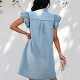 Nellie Frilled Detail Button Down Ruffle Short Sleeve Denim Mini Dress