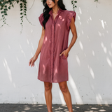 Nellie Frilled Detail Button Down Ruffle Short Sleeve Denim Mini Dress