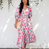 Red Elegant Floral Puff Sleeve Midi Dress