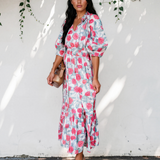 Red Elegant Floral Puff Sleeve Midi Dress