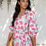 Red Elegant Floral Puff Sleeve Midi Dress