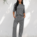 Checkered Print Half Sleeve Tee 2pcs Lounge Pant Set - Black