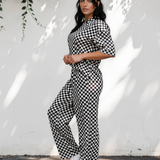 Checkered Print Half Sleeve Tee 2pcs Lounge Pant Set - Black