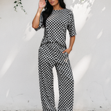 Checkered Print Half Sleeve Tee 2pcs Lounge Pant Set - Black