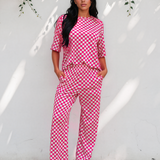 Checkered Print Half Sleeve Tee 2pcs Lounge Pant Set - Rose