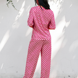 Checkered Print Half Sleeve Tee 2pcs Lounge Pant Set - Rose