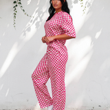 Checkered Print Half Sleeve Tee 2pcs Lounge Pant Set - Rose
