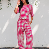 Checkered Print Half Sleeve Tee 2pcs Lounge Pant Set - Rose