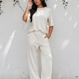 Checkered Print Half Sleeve Tee 2pcs Lounge Pant Set - Khaki