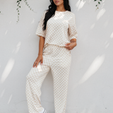 Checkered Print Half Sleeve Tee 2pcs Lounge Pant Set - Khaki