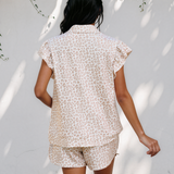 Leopard Zip Polo Top 2pcs Short Set