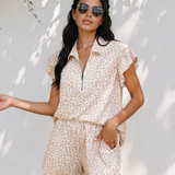 Leopard Zip Polo Top 2pcs Short Set