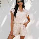 Leopard Zip Polo Top 2pcs Short Set