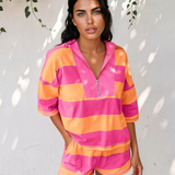 Lettie Half Zipper Placket Bracelet Sleeve Top Casual Shorts Set