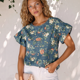 Ashleigh Ruffled Short Sleeve Floral Denim Top