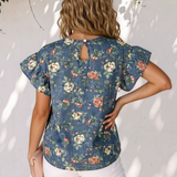 Ashleigh Ruffled Short Sleeve Floral Denim Top