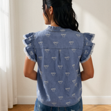Logan Frilled Collar Flutter Sleeve Denim Top