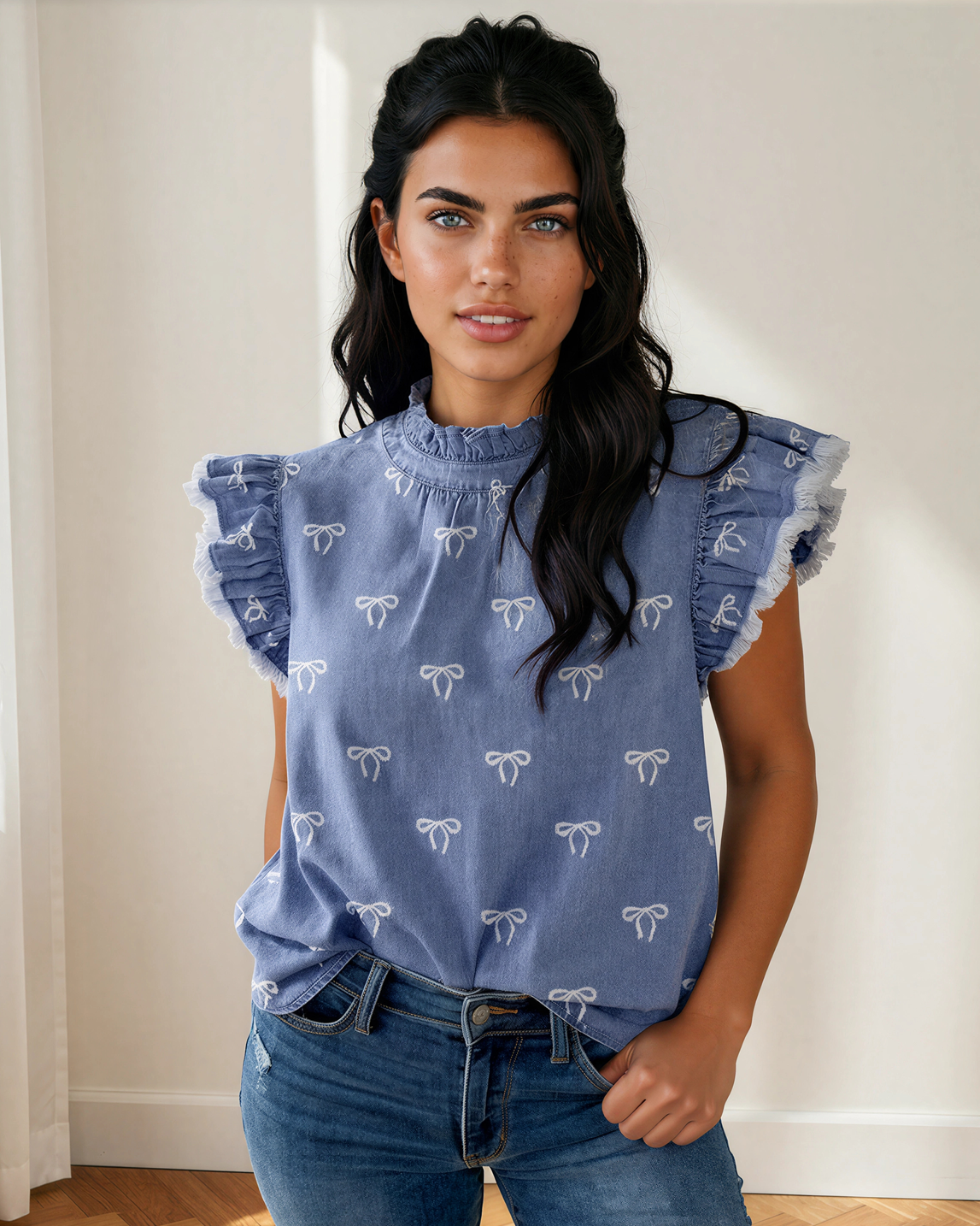 Logan Frilled Collar Flutter Sleeve Denim Top
