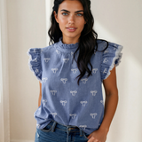 Logan Frilled Collar Flutter Sleeve Denim Top