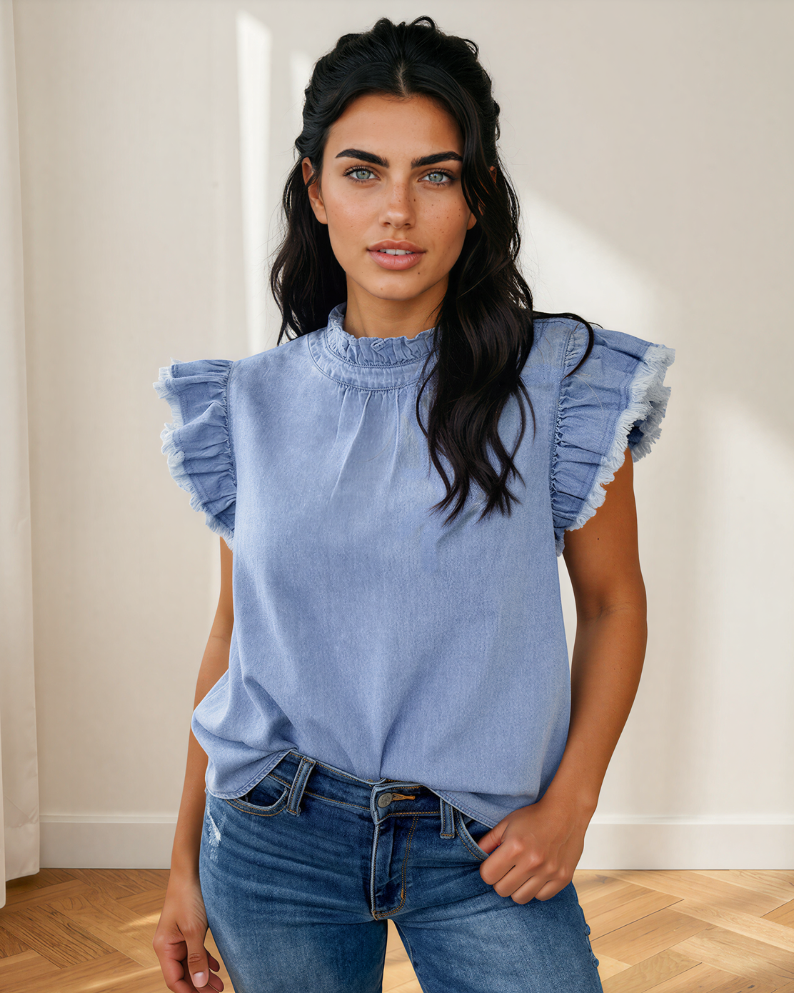 Logan Frilled Collar Flutter Sleeve Denim Top