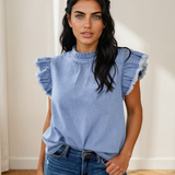 Logan Frilled Collar Flutter Sleeve Denim Top
