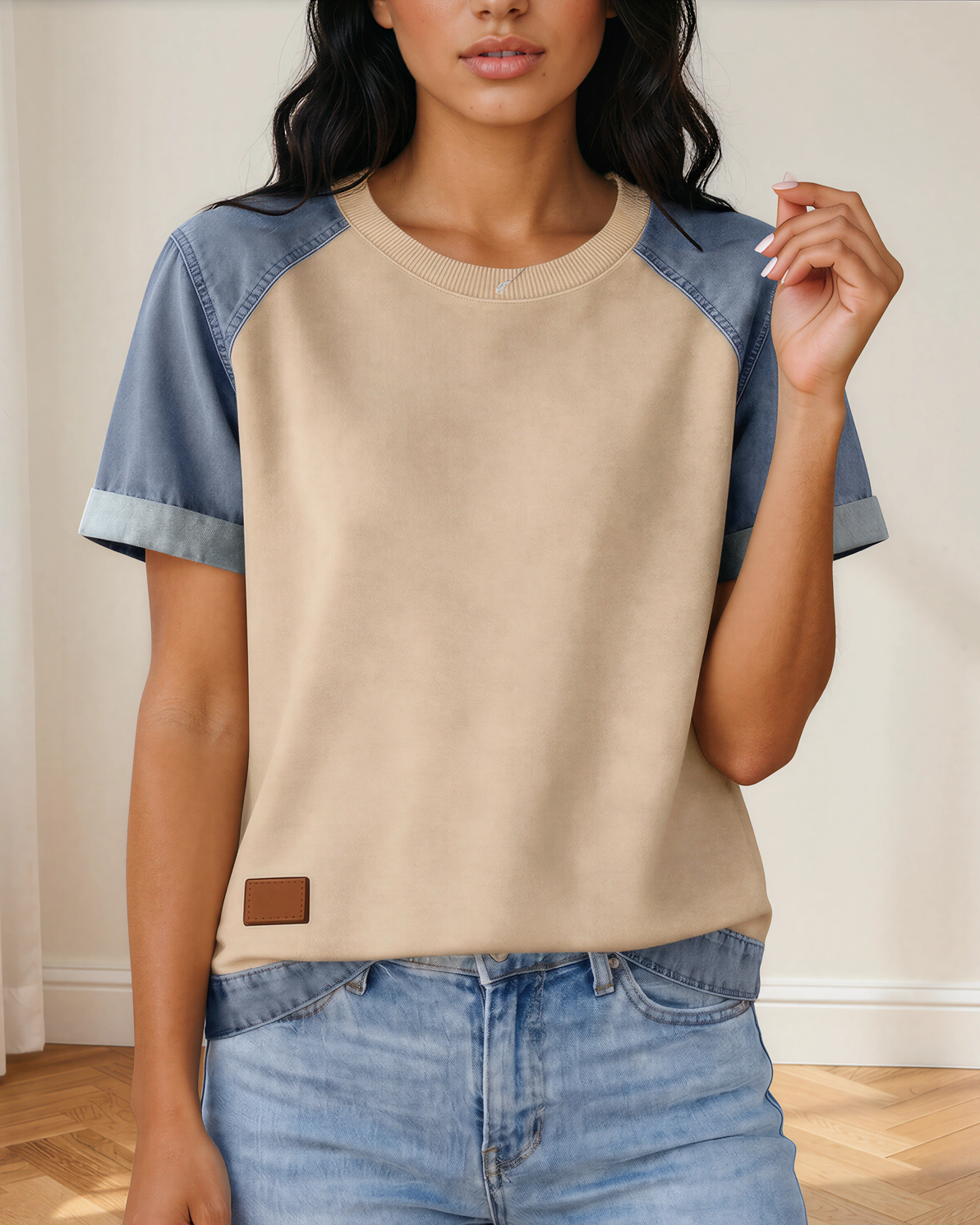 Harley Denim Color Block Patchwork Round Neck Tee