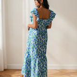 Sunny Floral Print Square Neck Ruffled Strap Maxi Dress
