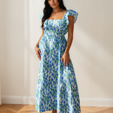Sunny Floral Print Square Neck Ruffled Strap Maxi Dress