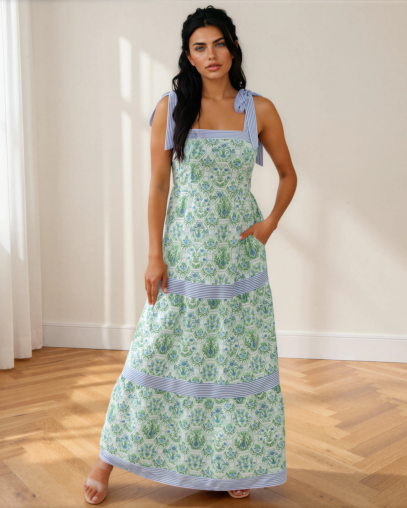 Lily Floral Print Striped Patchwork Detail Sleeveless Dress（Runs Small ）