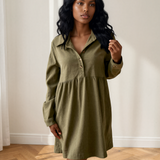 Abigail Corduroy Half Button Collared Long Sleeve Mini Dress