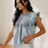 Hollis Pleated Detail Vintage Washed Denim Top