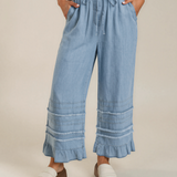 Frankie Ruffled Hem Wide Leg Chambray Pants