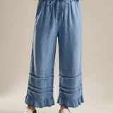 Frankie Ruffled Hem Wide Leg Chambray Pants