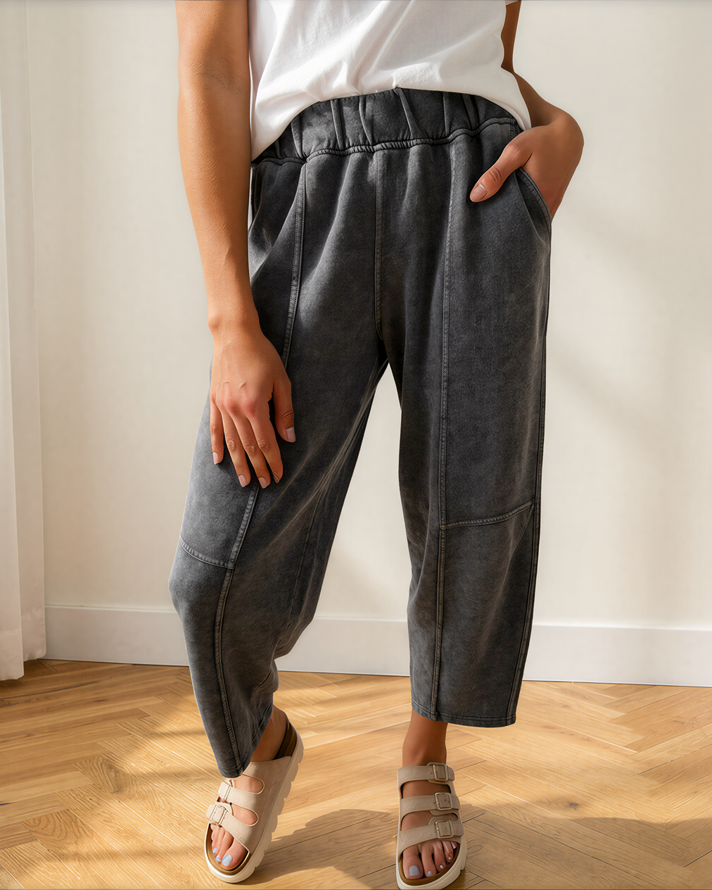 Lola Mineral Wash Seam Detail Elastic Waist Barrel Pants