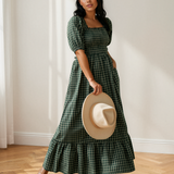 Daisy Plaid Square Neck Shirred High Waist Ruffle Hem Dress